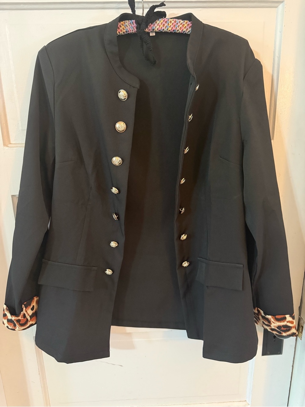 Black Women's Military-Style Blazer with Leopard Trim
